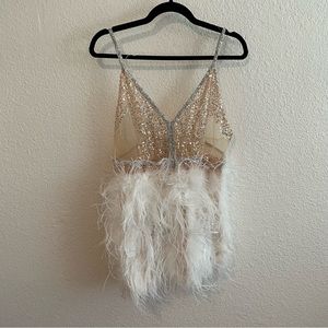 Women’s Rhinestones Trim Gold Sequins And White Feathers Mini Dress